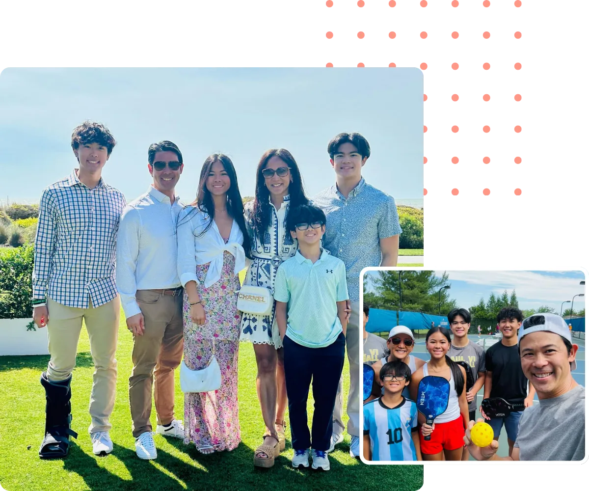 Half Nester family posing together outdoors; inset photo of the family at a celebration.